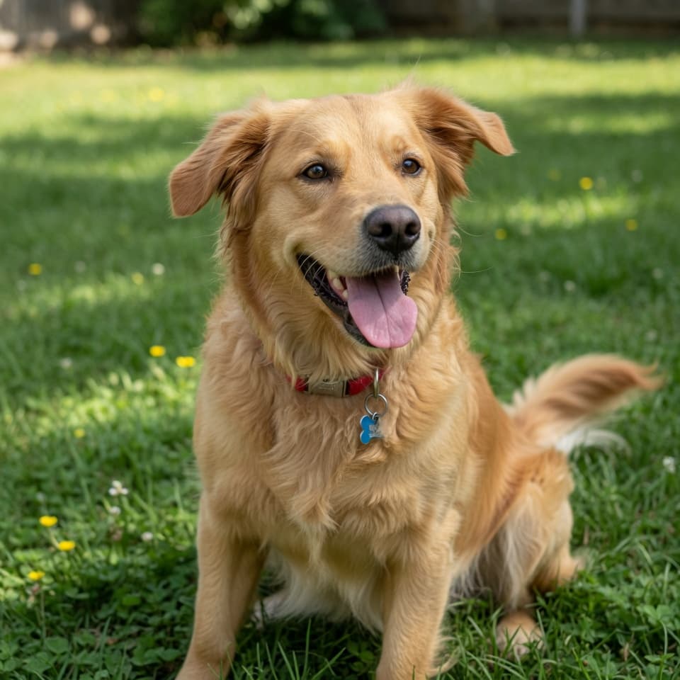 Happy golden retriever with collar and pet ID tag sitting in a yard